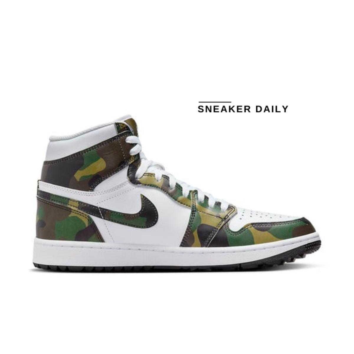 Chi tiết họa tiết Camo và Swoosh trên Air Jordan 1 High Golf DQ0660-300