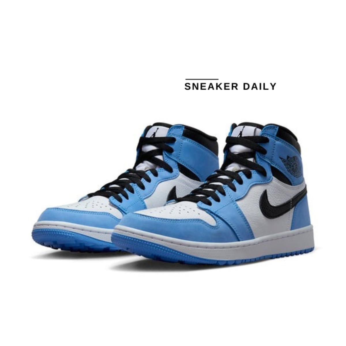 Chi tiết upper nubuck và logo Wings trên Air Jordan 1 High Golf University Blue