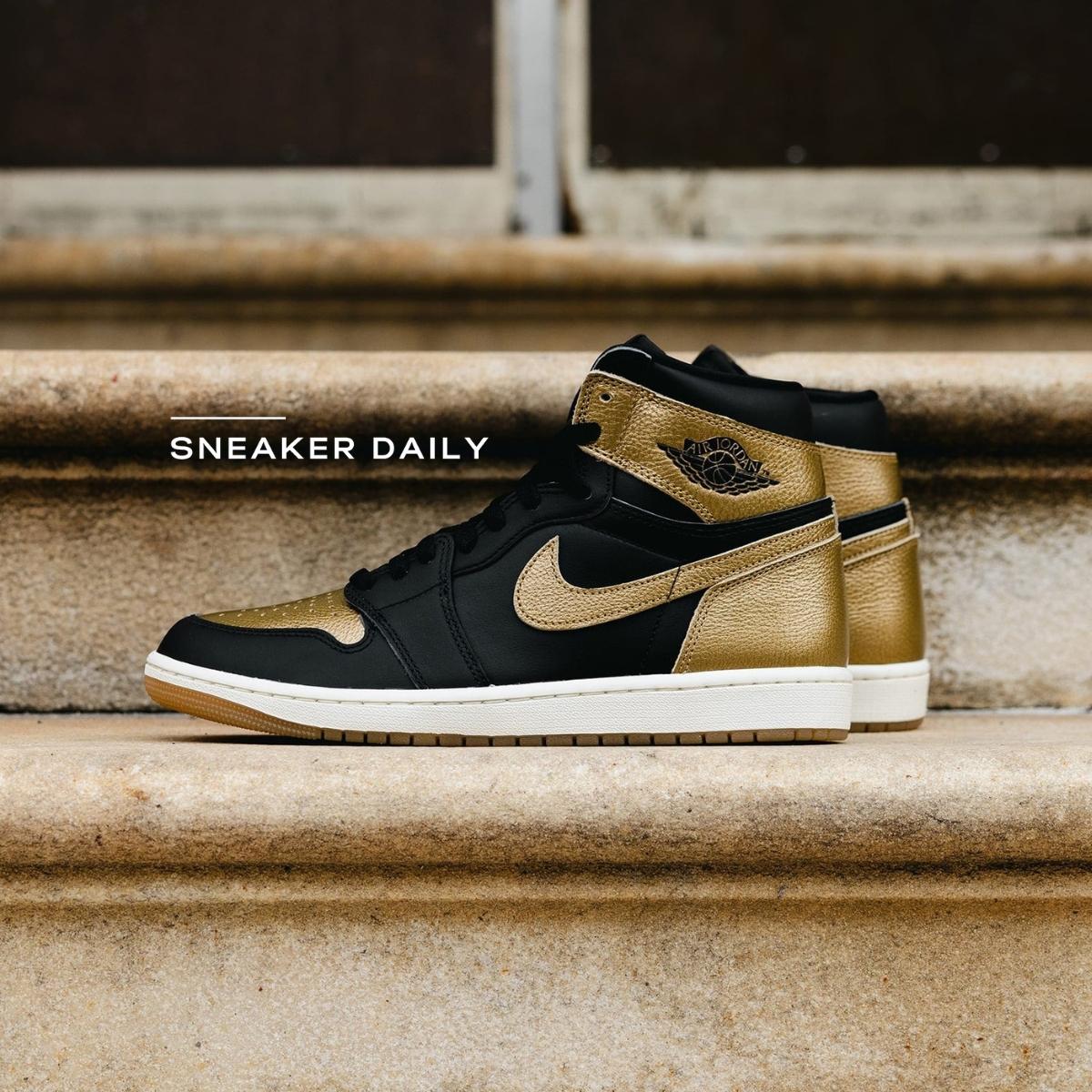 Đế ngoài cao su gum và đế giữa trắng của Air Jordan 1 Retro High OG Black Metallic Gold