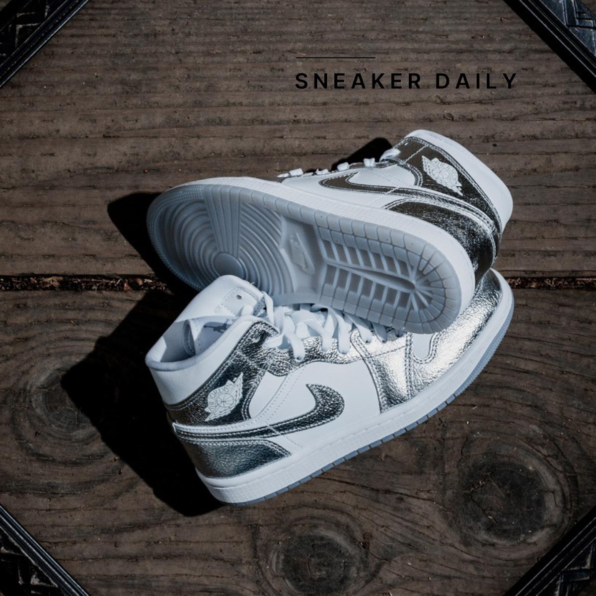Giày (WMNS) Air Jordan 1 Mid SE Metallic Silver FN5031-100 - Ảnh 7